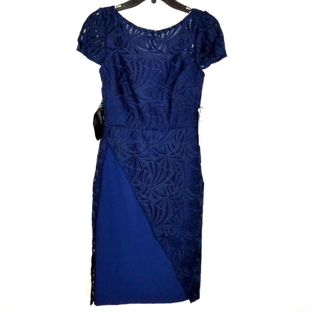 Kay‎ Unger Women Zelda Lace Midi Dress Size 2 Blue Short Sleeve Party Cocktail